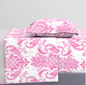 Bedding Sheet Set - Grand Millennial Pineapple Damask - Hibiscus Pink and White