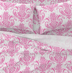 Bedding Sheet Set - Grand Millennial Pineapple Damask - Hibiscus Pink and White