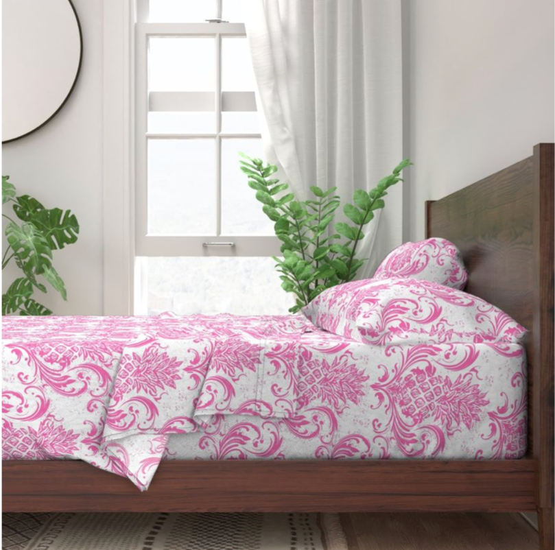Bedding Sheet Set - Grand Millennial Pineapple Damask - Hibiscus Pink and White