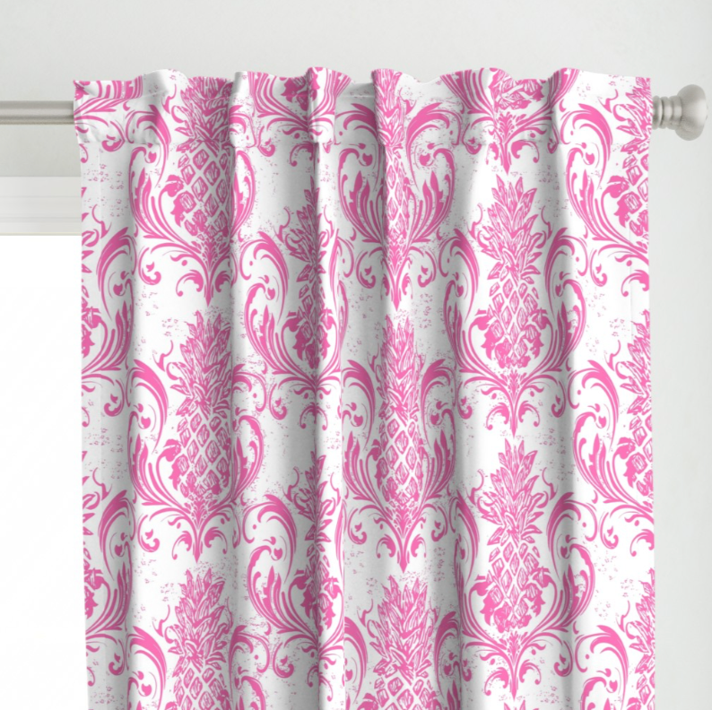 Curtains - Grand Millennial Pineapple Damask - Hibiscus Pink & White