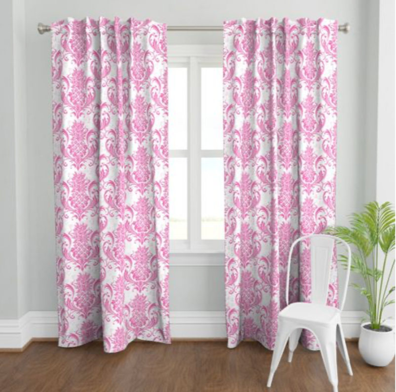 Curtains - Grand Millennial Pineapple Damask - Hibiscus Pink & White