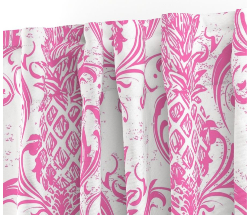 Curtains - Grand Millennial Pineapple Damask - Hibiscus Pink & White