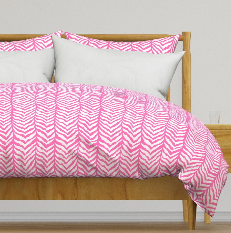 Duvet Cover - Zerba Herringbone - Hibiscus Pink and White