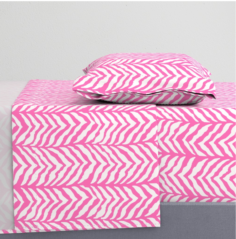 Bedding Sheet Set - Zebra Herringbone- Hibiscus Pink and White