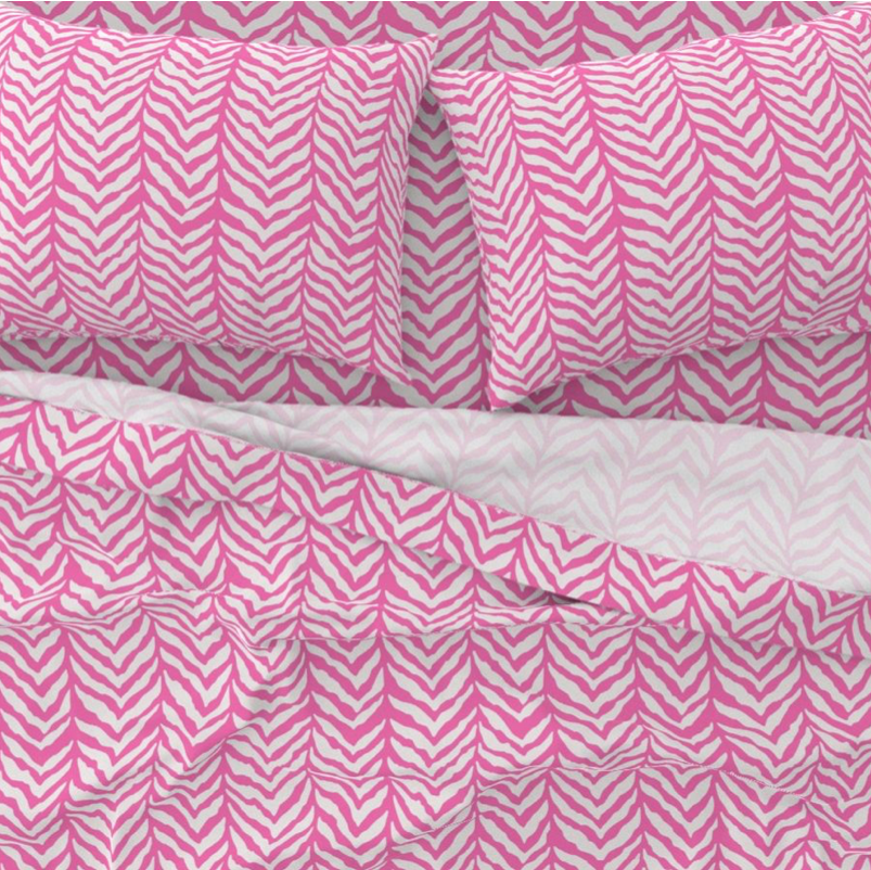 Bedding Sheet Set - Zebra Herringbone- Hibiscus Pink and White