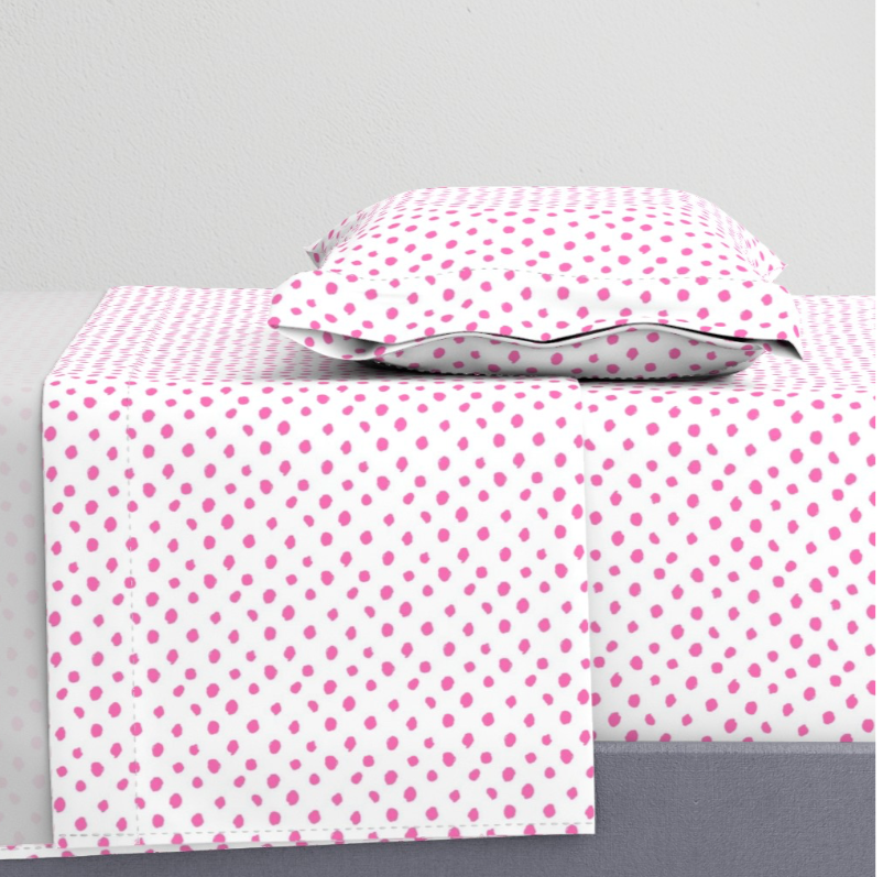 Bedding Sheet Set - Painterly Polka Dots - Hibiscus Pink and White