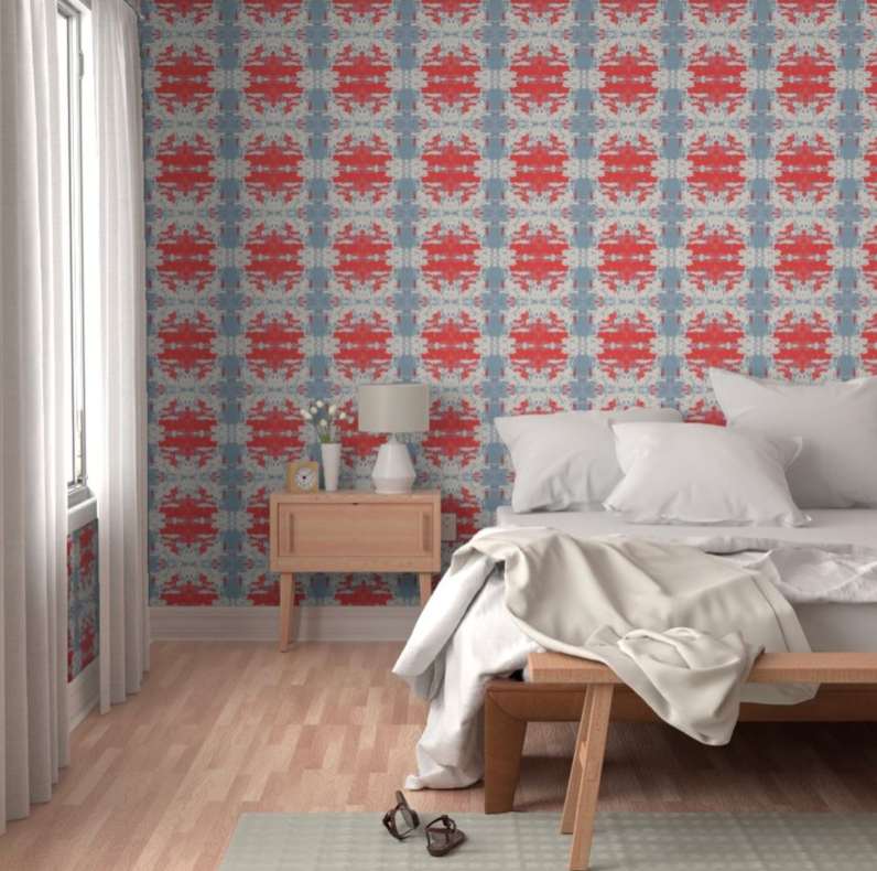 Where the Buffalo Roam Wallpaper - Red Western Ikat  French Blue Gray