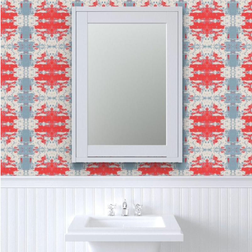 Where the Buffalo Roam Wallpaper - Red Western Ikat  French Blue Gray