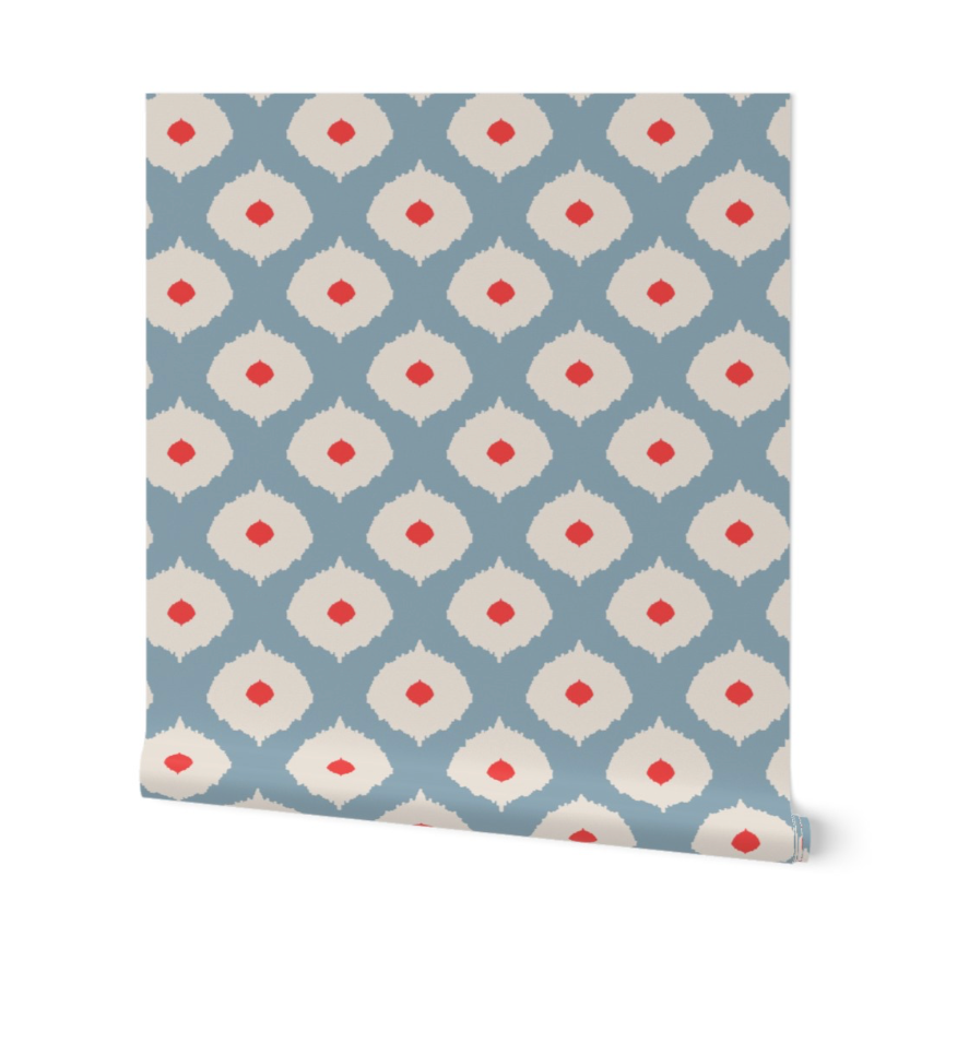 Where the Buffalo Roam Wallpaper - Moroccan Ikat Eyes - Blue, Bisque Beige, Red