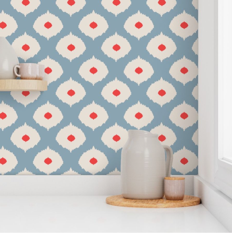 Where the Buffalo Roam Wallpaper - Moroccan Ikat Eyes - Blue, Bisque Beige, Red