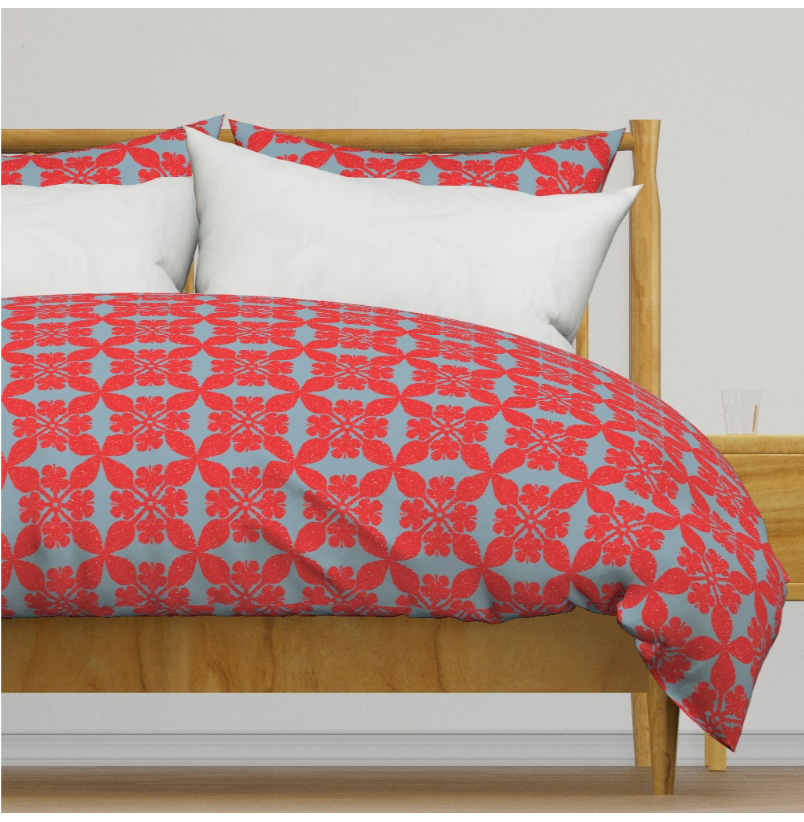 Duvet  Cover  - Where the Buffalo Roam Wallpaper - Hibiscus Flower Quilt Design - French blue and red,