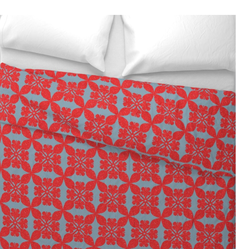 Duvet  Cover  - Where the Buffalo Roam Wallpaper - Hibiscus Flower Quilt Design - French blue and red,