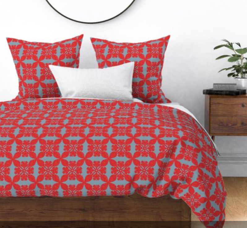 Duvet  Cover  - Where the Buffalo Roam Wallpaper - Hibiscus Flower Quilt Design - French blue and red,