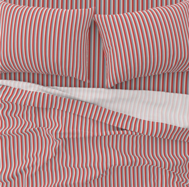 Bedding Sheet Set -  Where the Buffalo Roam Wallpaper - Skinny Stripes Red and French Blue