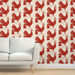Rustic Red Rooster Wallpaper - Red and Taupe