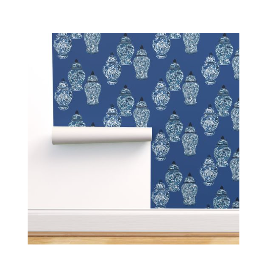 Blue & white Ginger Jar Wallpaper  - blue background