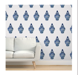 Blue & white Ginger Jar Wallpaper  - white background (large scale)