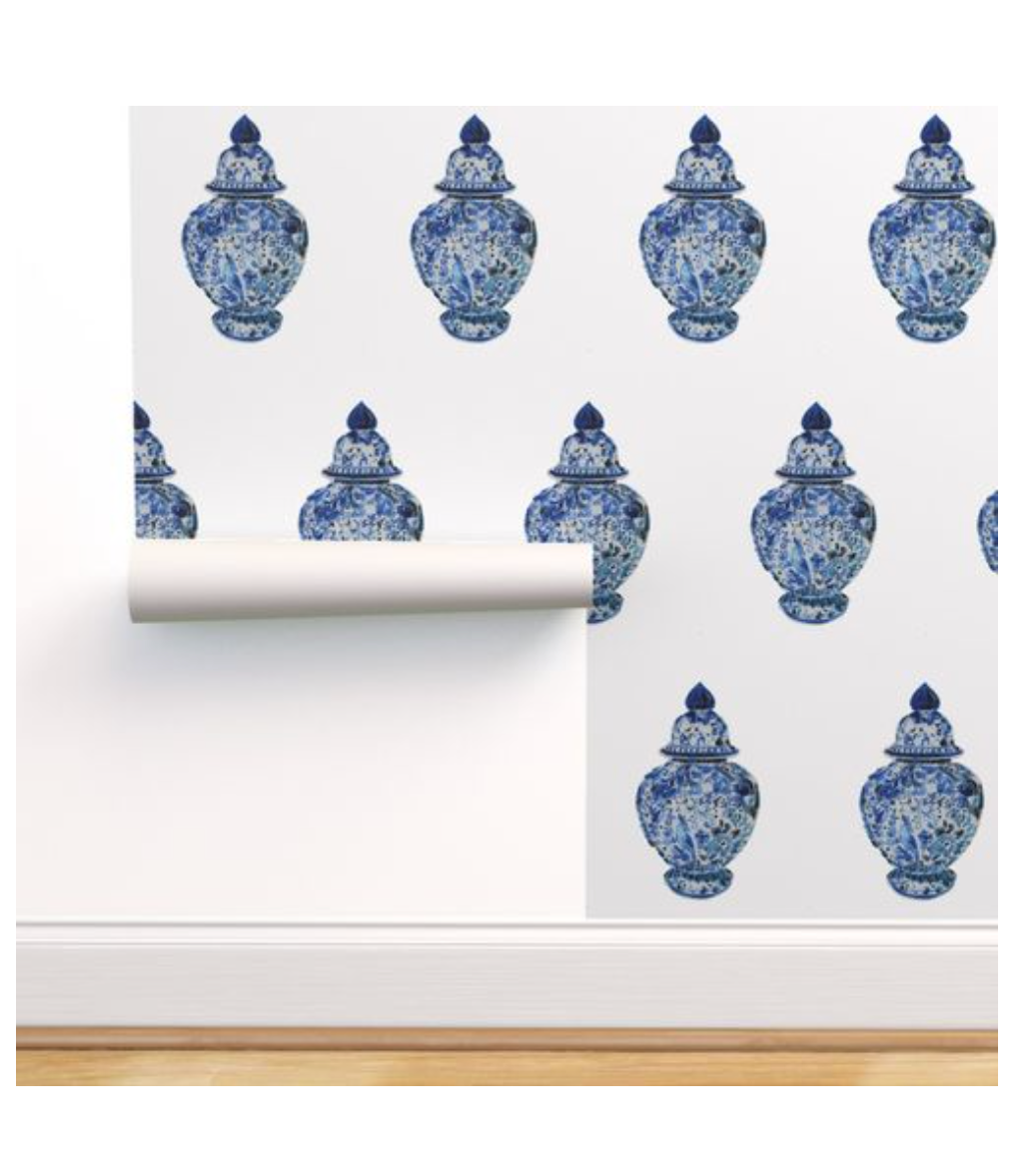 Blue & white Ginger Jar Wallpaper  - white background (Medium Scale)