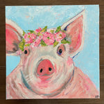 Meet Flower Child Francine. She's a Pig and hopes to attend multiple music festivals, 12” x 12” x 1.5”. Acrylic on Wrapped Canvas