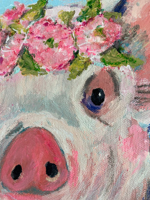 Meet Flower Child Francine. She's a Pig and hopes to attend multiple music festivals, 12” x 12” x 1.5”. Acrylic on Wrapped Canvas