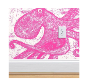Rustic Octopus Block Print Wallpaper - Pink and White
