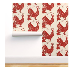 Rustic Red Rooster Wallpaper - Red and Taupe
